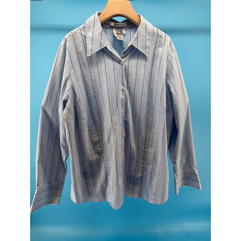 George Woman Blue Striped Stretch Button Down Shirt‎ Plus Size 18W 20W GW12008